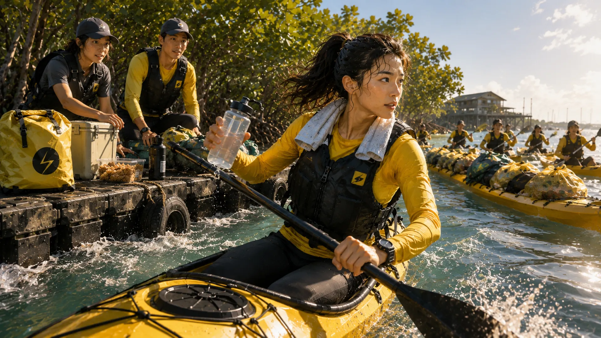The Spark paddling a yellow kayak past a floating supply raft in the mangroves, a water bottle in one hand, with loaded kayaks following behind