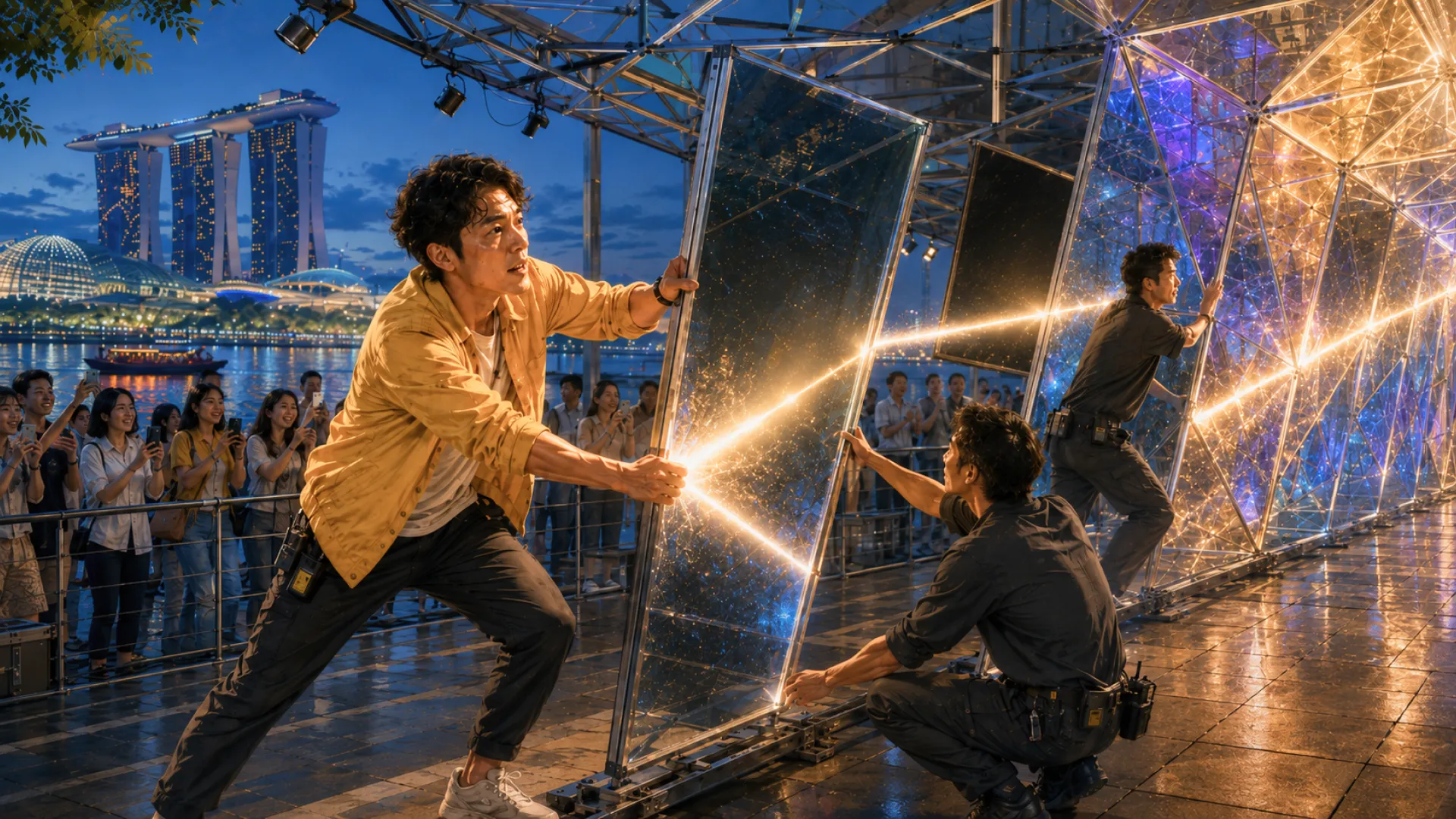 The Spark bracing a tall mirror panel as it tips at a night-time light show, two crew members steadying the frame while a crowd watches from behind the railing