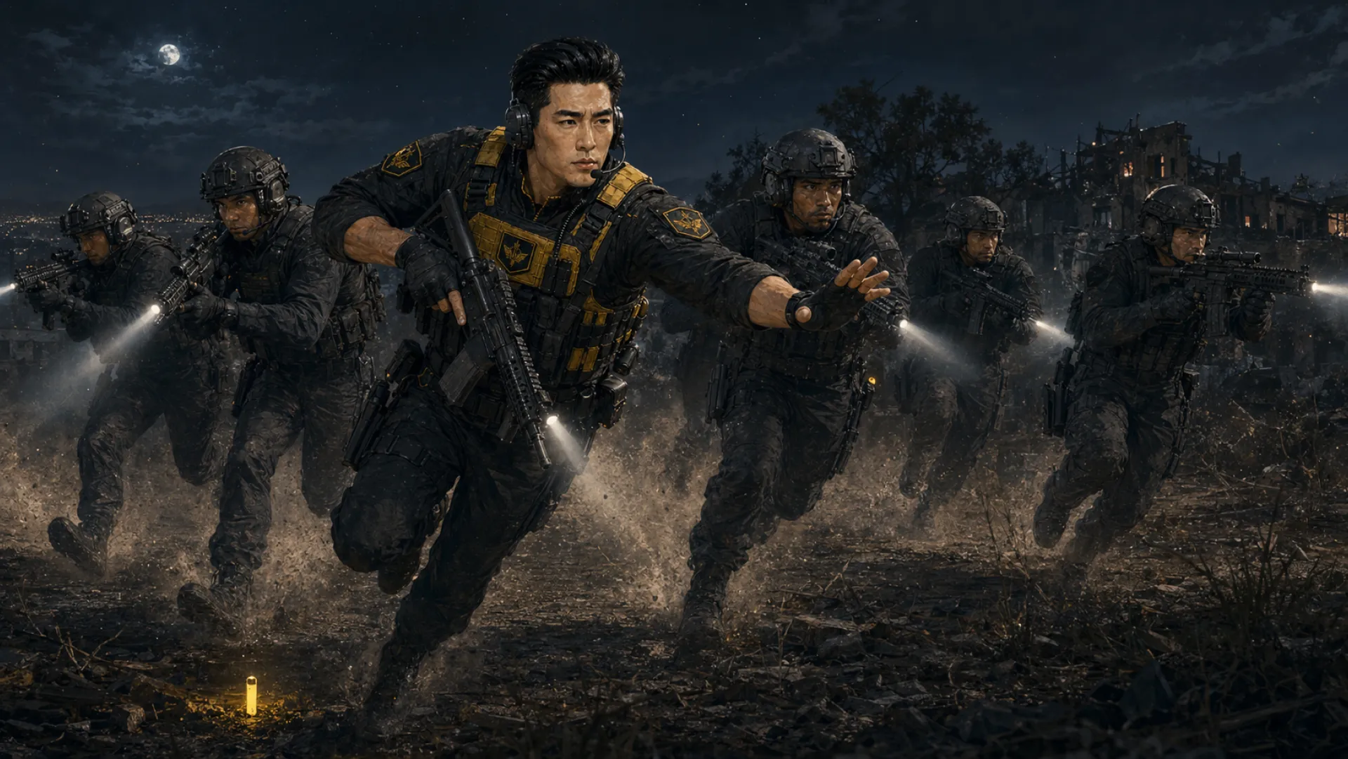 The Storm in tactical gear with a rifle, out in front of a running line of armed teammates at night, arm out, waving them across broken ground
