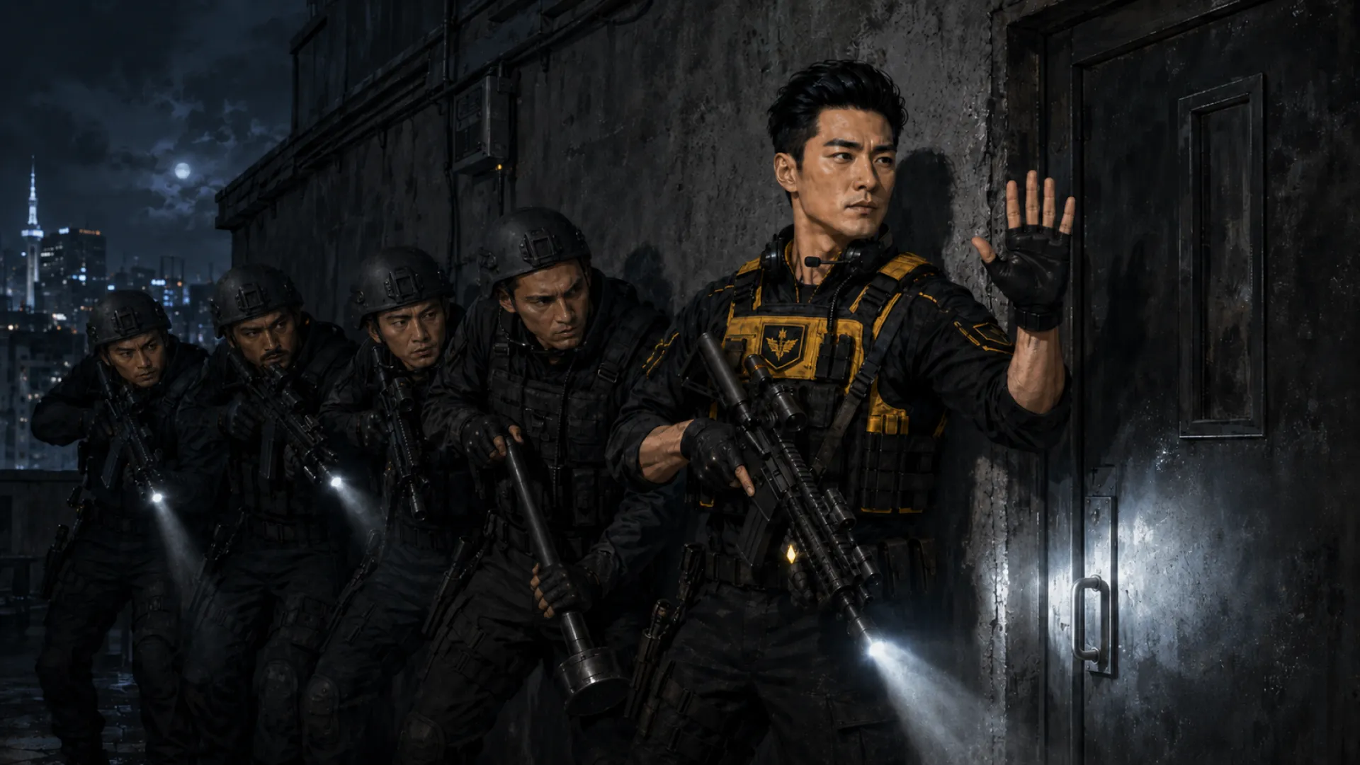 The Storm in tactical gear with a rifle, holding a line of armed teammates still against a wall at night, one gloved hand raised beside a steel door