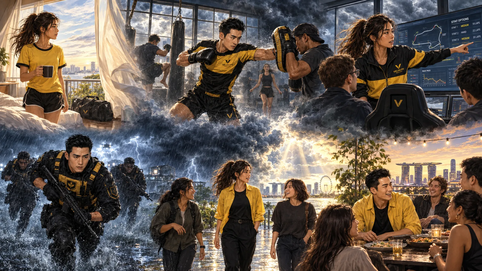 The Storm's week in panels: a morning coffee, pad work with a coach, a race strategy screen, a team in tactical gear wading through floodwater in heavy rain, a walk with friends and dinner by the water