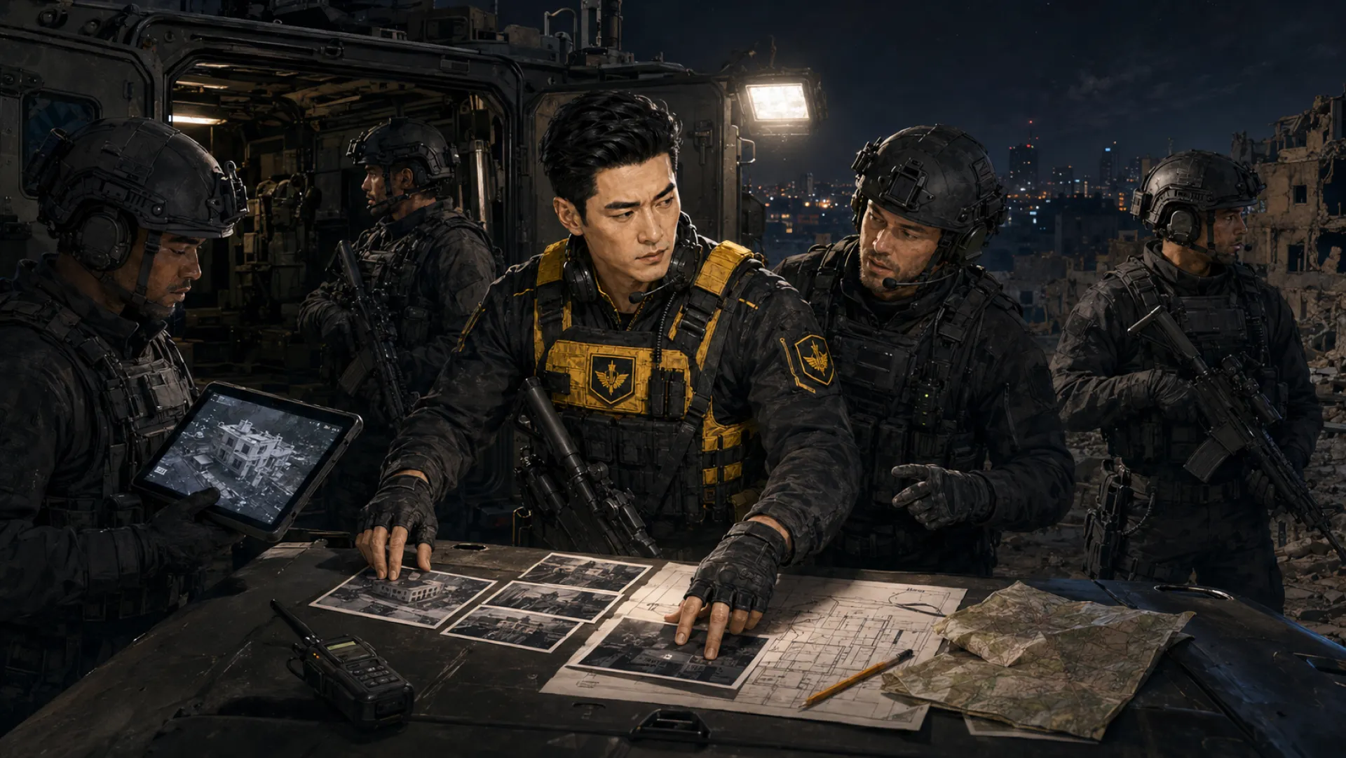 The Storm in tactical gear laying aerial photographs and a floor plan across a vehicle bonnet at night, pointing at one of them while armed teammates look on beside ruined buildings