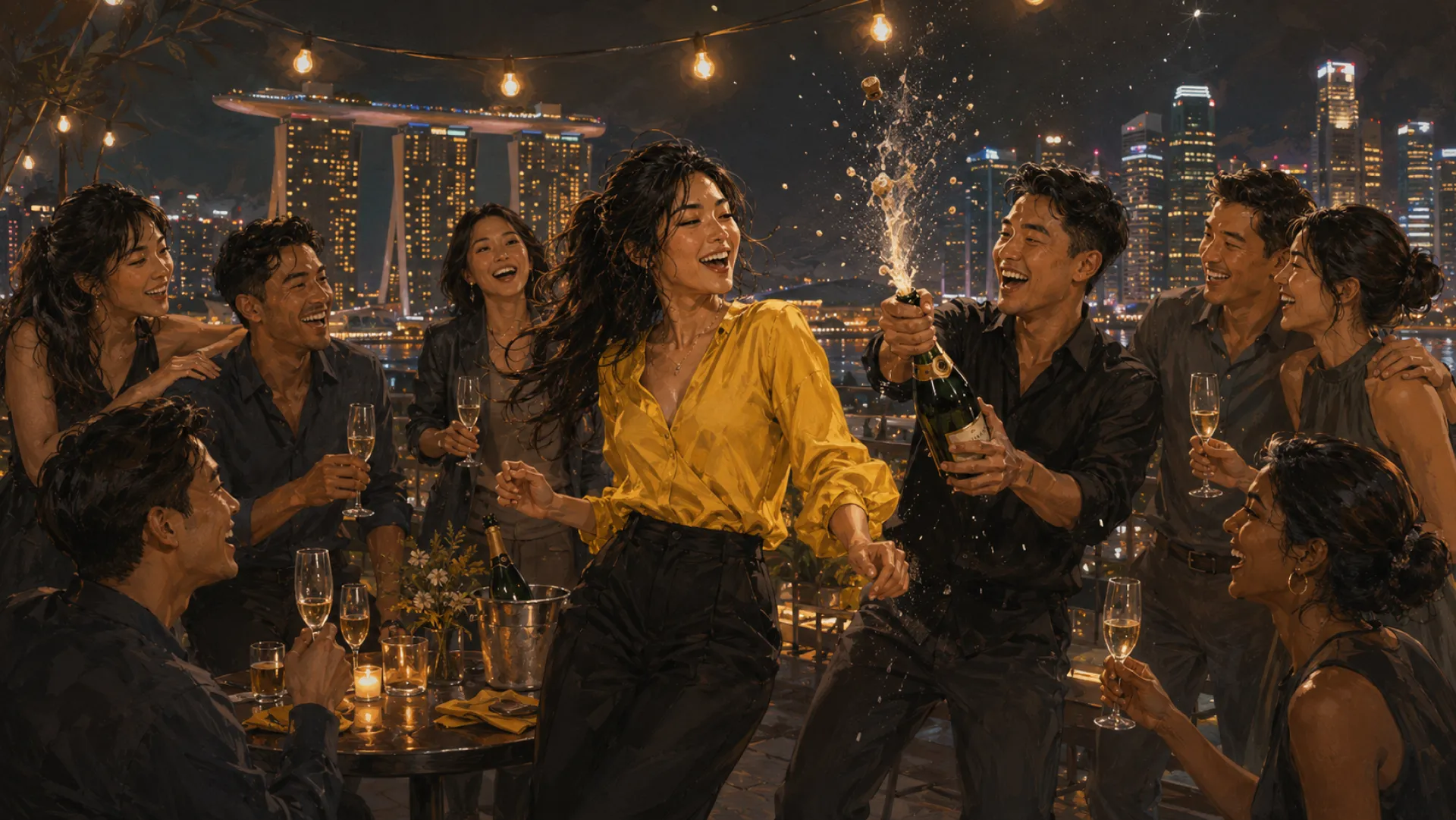 The Storm dancing and laughing on a rooftop at night as a friend sprays a bottle of champagne, the group gathered round a small table with the city lights behind