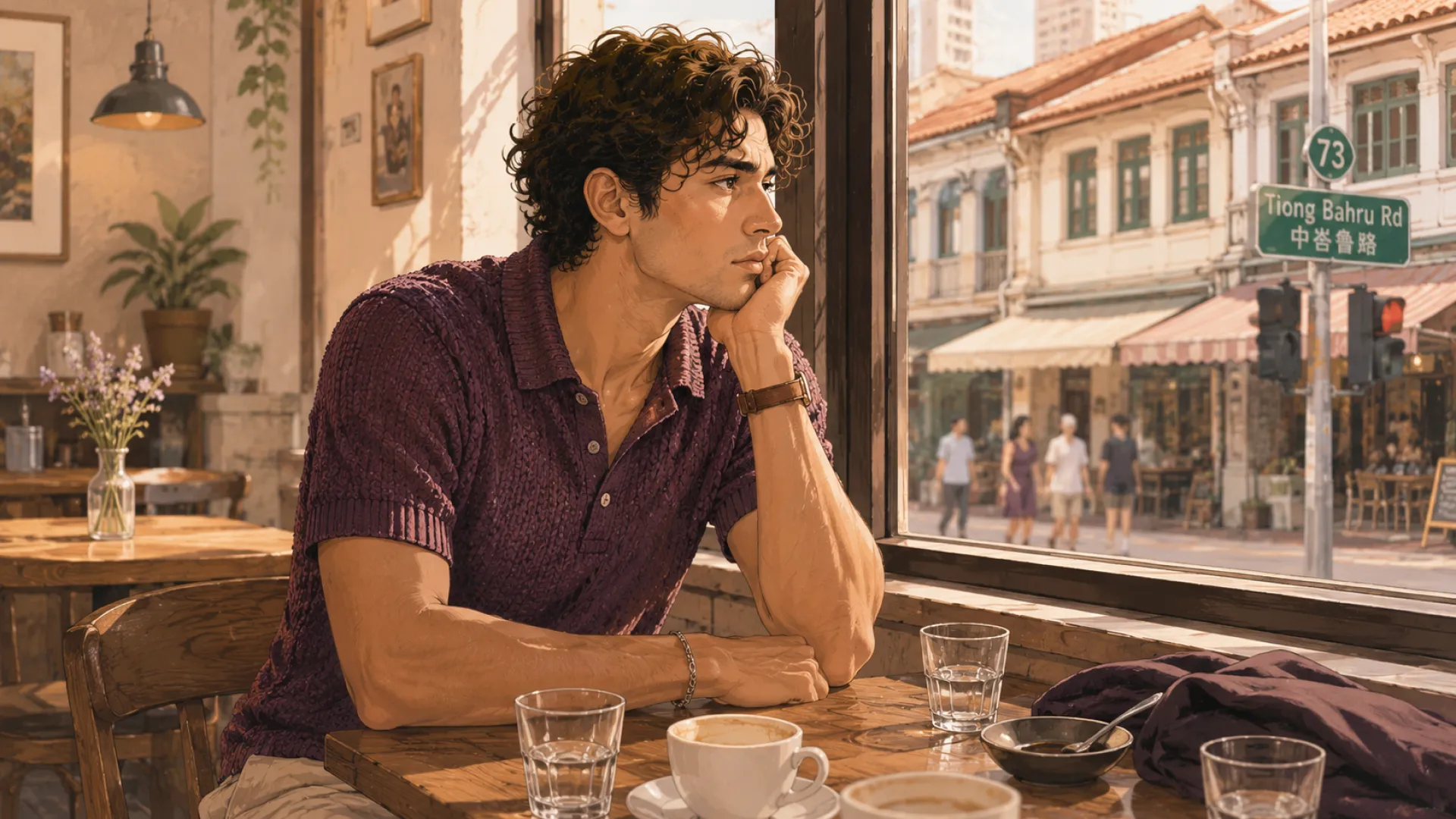 The Tide sitting alone at a café window, chin on one hand, looking out at the street