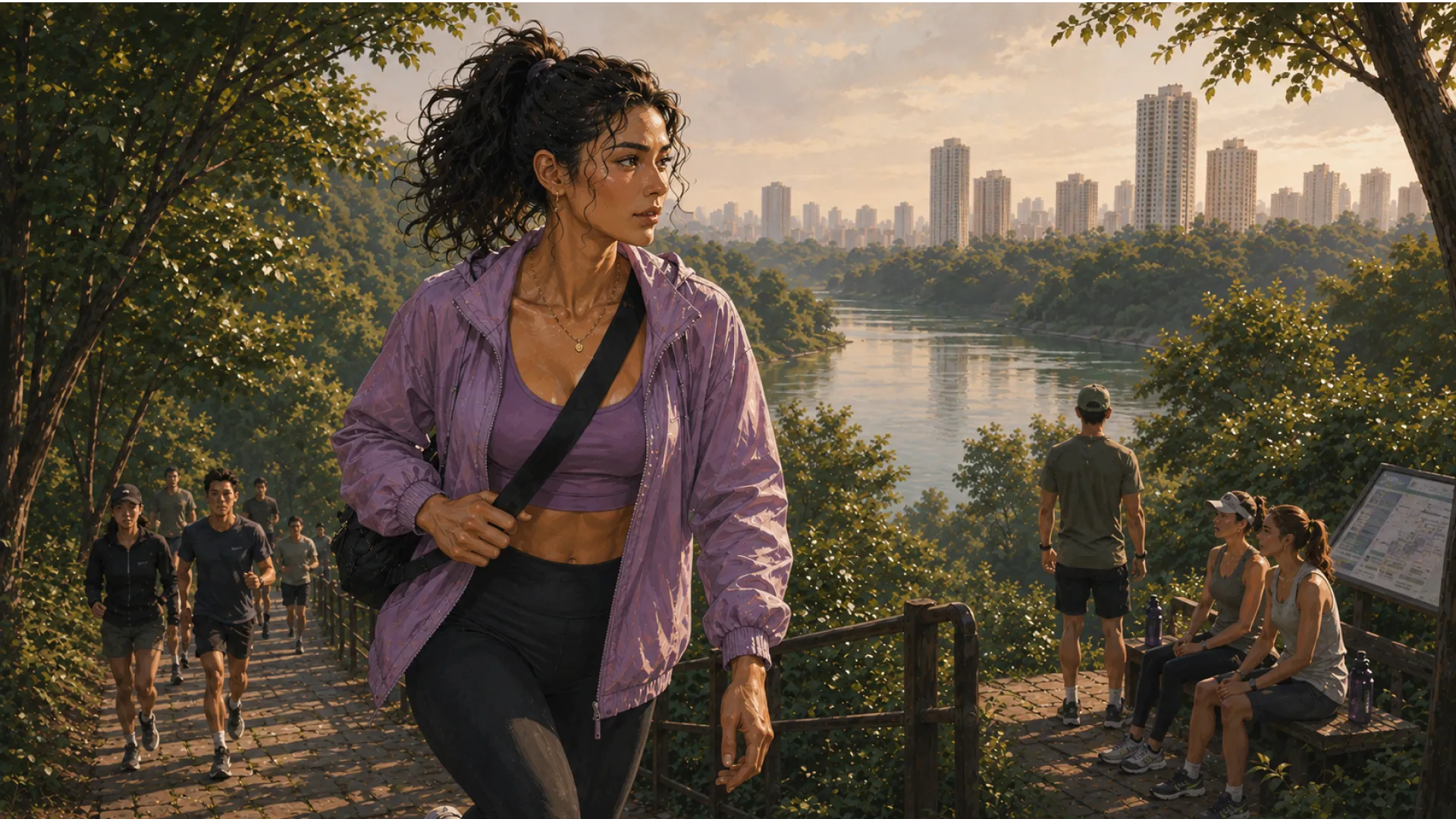The Tide striding up a wooded hillside trail above the water, runners coming up behind and others resting with water bottles at a lookout