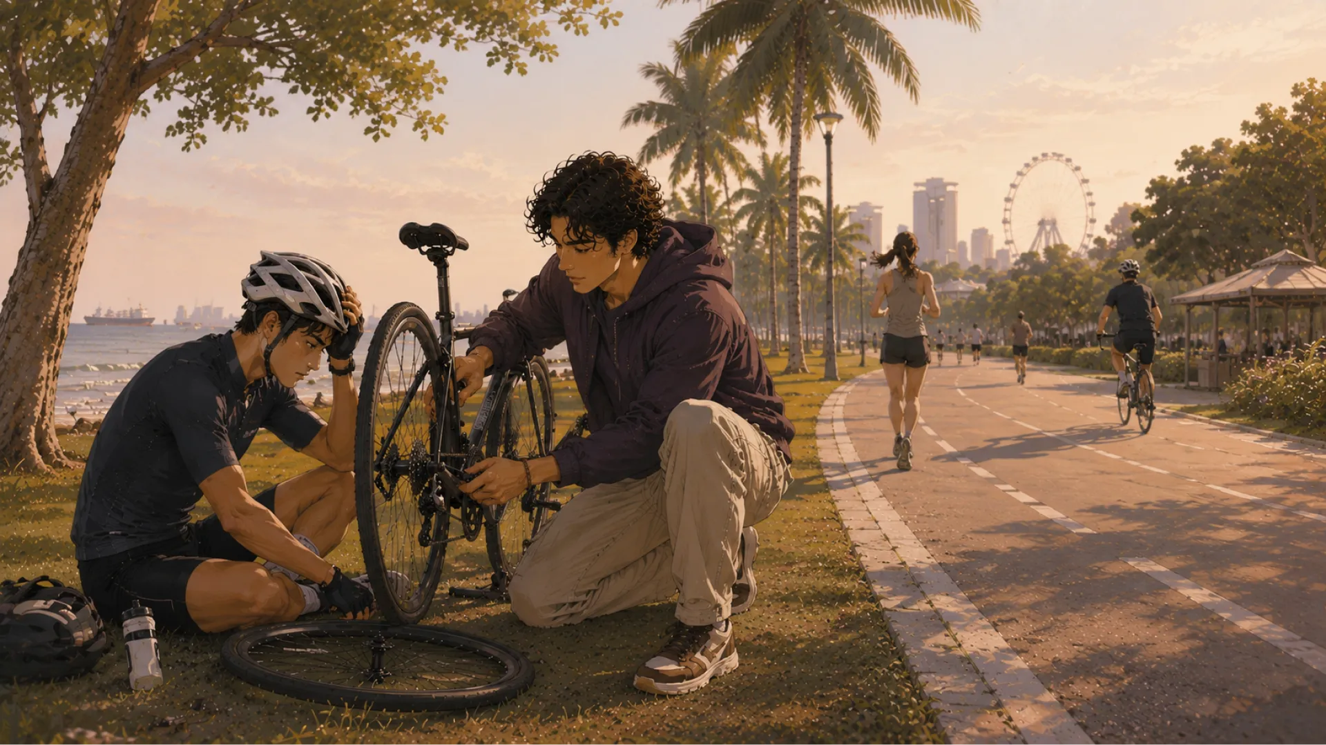 The Tide kneeling on the grass beside a seafront path, working on the gears of a seated cyclist's bicycle while its front wheel lies on the grass
