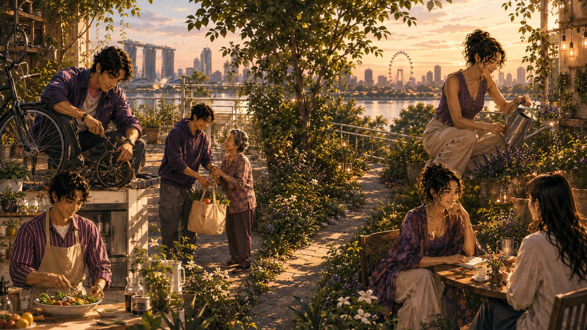 The Tide in a rooftop garden above the bay: fixing a bicycle, carrying shopping for an older neighbour, preparing salad, watering plants and talking with a friend at a table