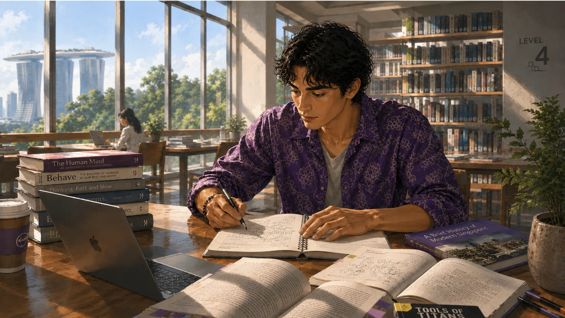 The Tide writing notes among open books at a library desk