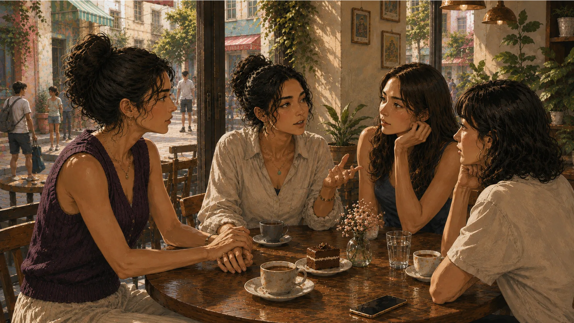 The Tide at a café table with three friends, leaning in to talk