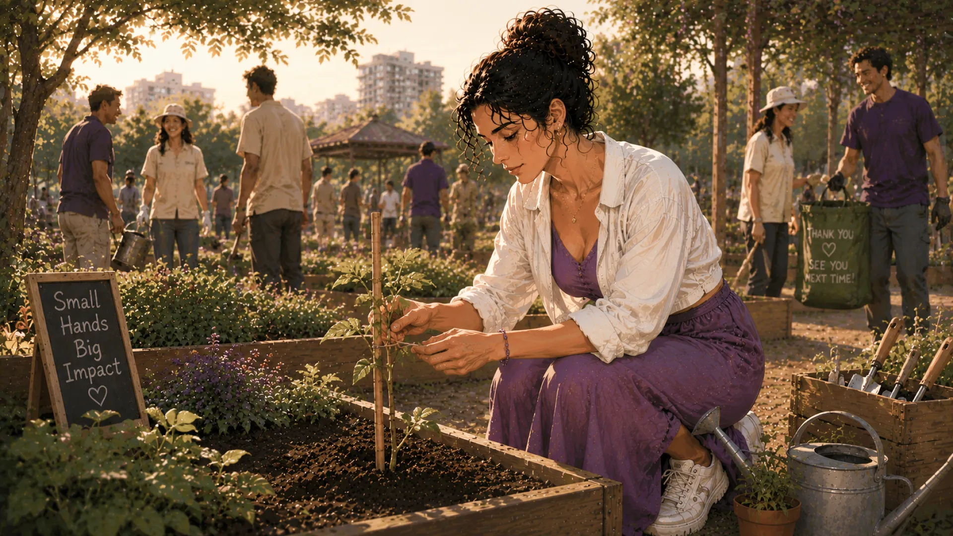 The Tide staking a seedling in a raised bed at a community garden, volunteers working behind