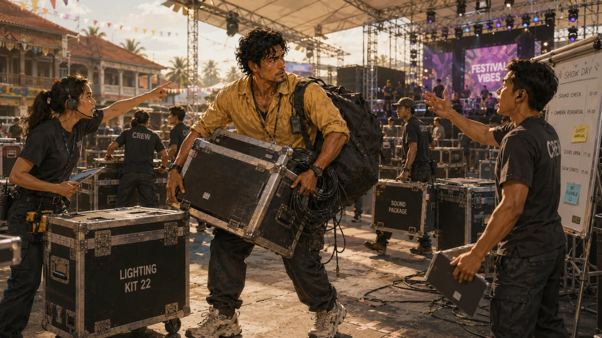 The Titan loaded with a flight case, a coil of cable and a heavy pack at an outdoor stage, while crew members on either side point and call the Titan in different directions