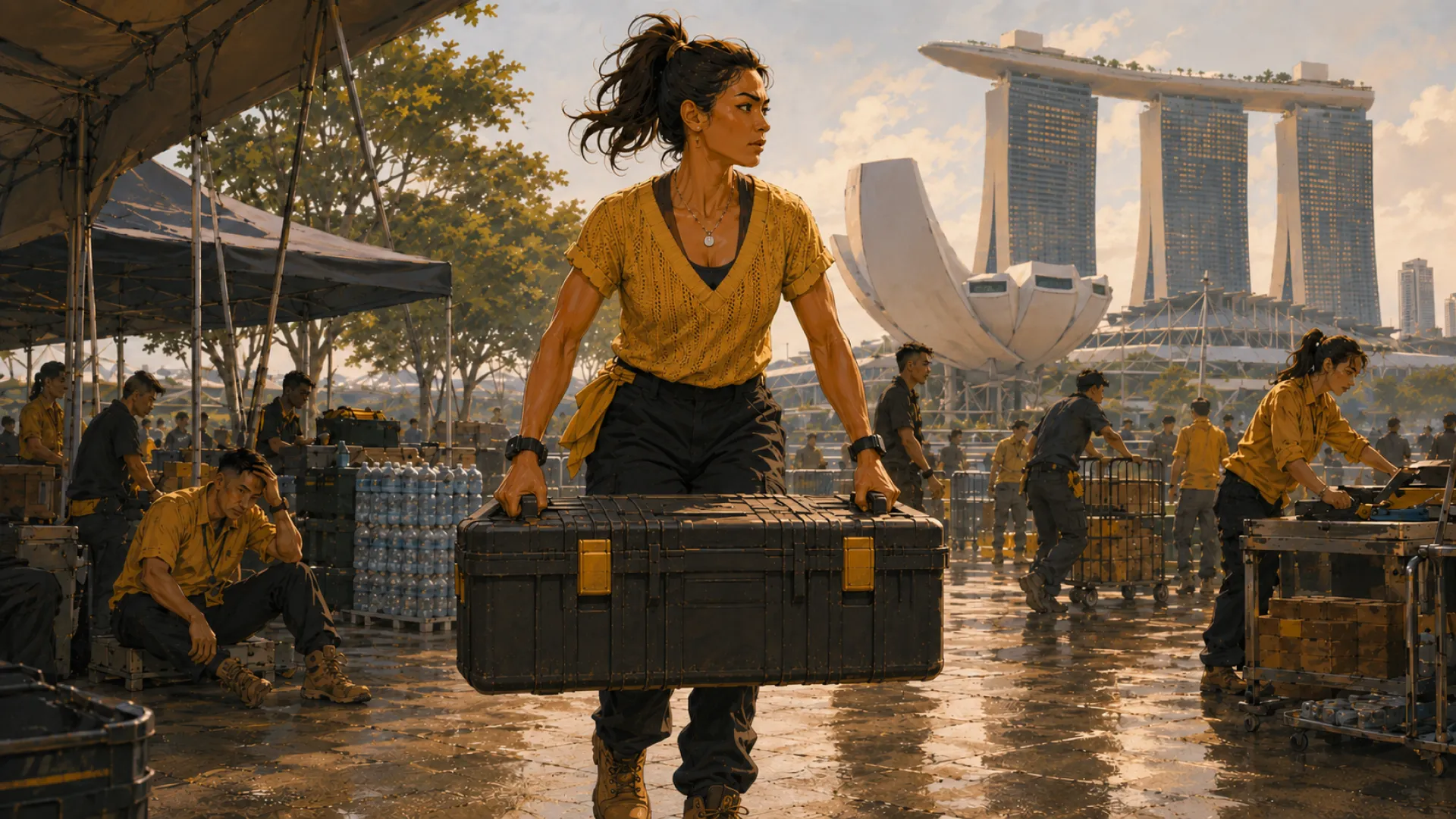 The Titan carrying a large equipment case across a wet event ground past stacked water, while one crew member sits exhausted and the others keep working