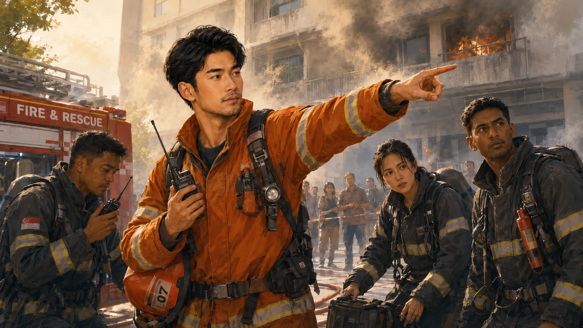 The Vanguard at a fire and rescue scene with a radio in one hand, pointing the crew towards a smoking building