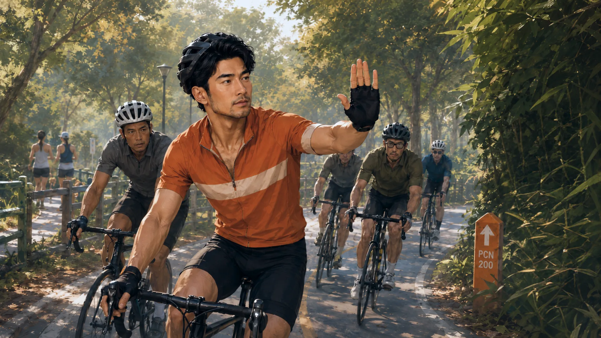 The Vanguard riding at the front of a group of cyclists on a tree-lined cycle path, one hand raised to signal the riders behind