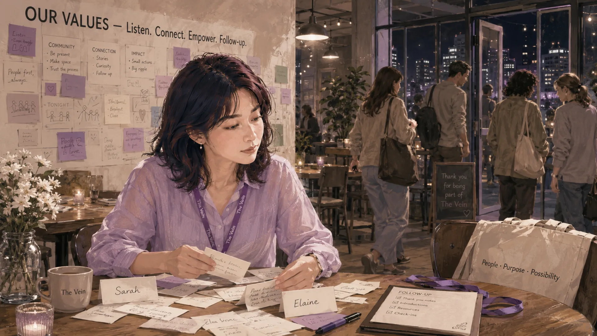 The Vein wearing a lanyard at a café table after an event, sorting handwritten name cards and follow-up notes as the last guests leave into the night