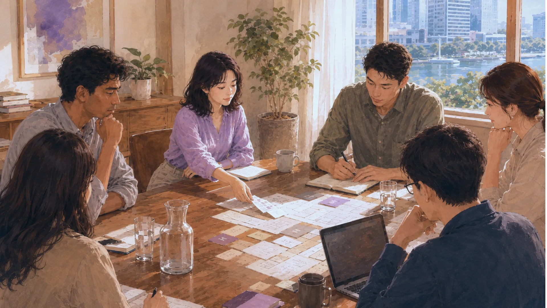 The Vein at a meeting table covered in cards and papers, working through them with five colleagues