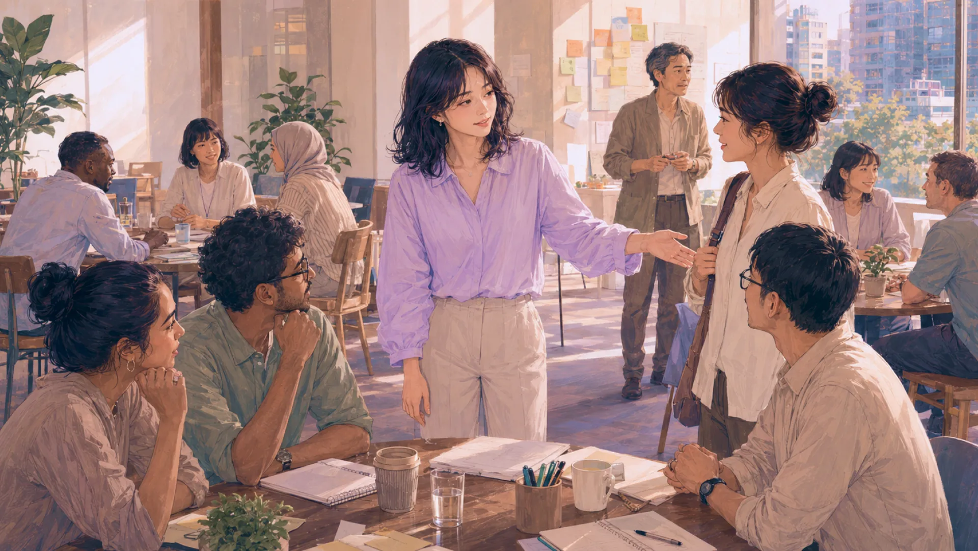 The Vein standing at a table in a busy shared workspace, introducing a newcomer to the people seated there