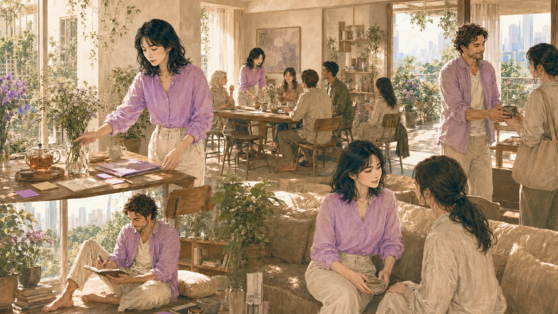 The Vein in several scenes around a shared living space: arranging flowers, writing in a notebook on the floor, talking on the sofa, handing a friend a mug and serving others at a long table