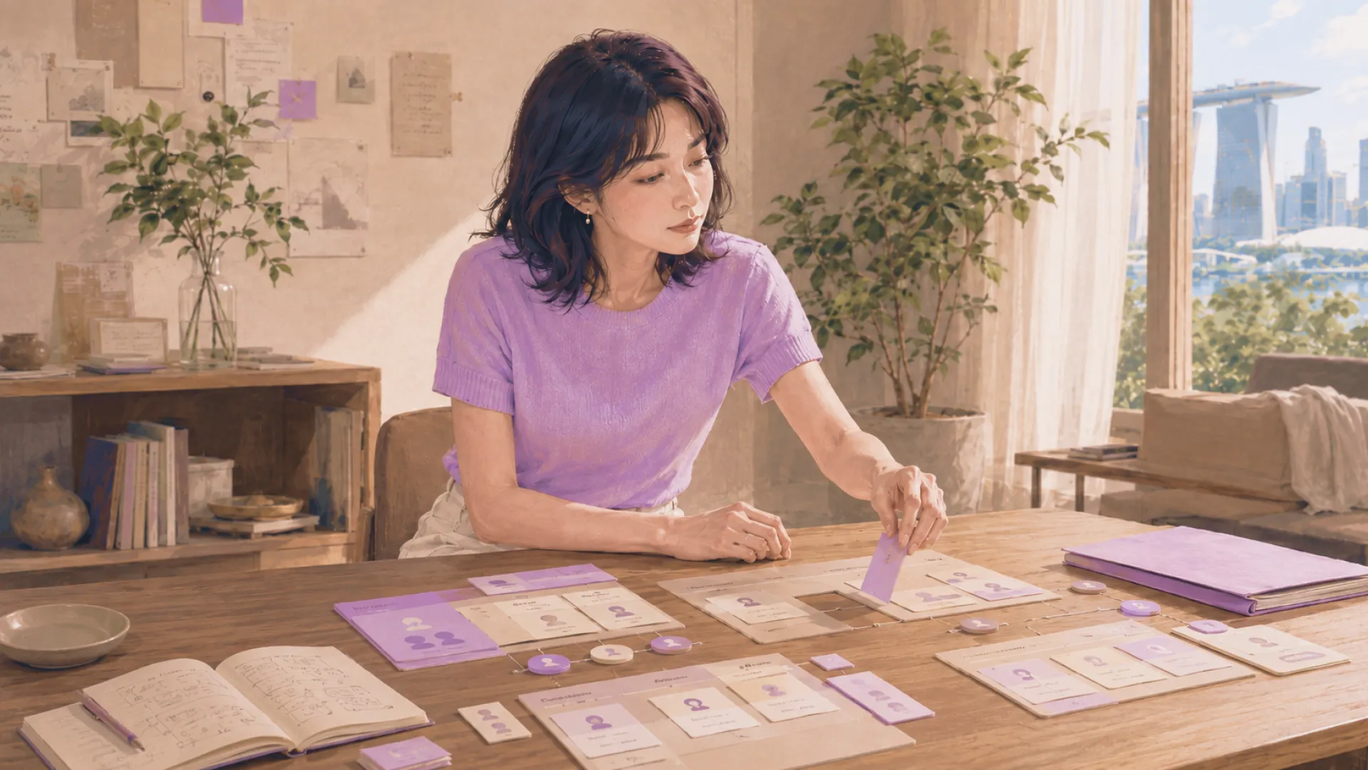 The Vein arranging purple cards across a wooden table in a bright room