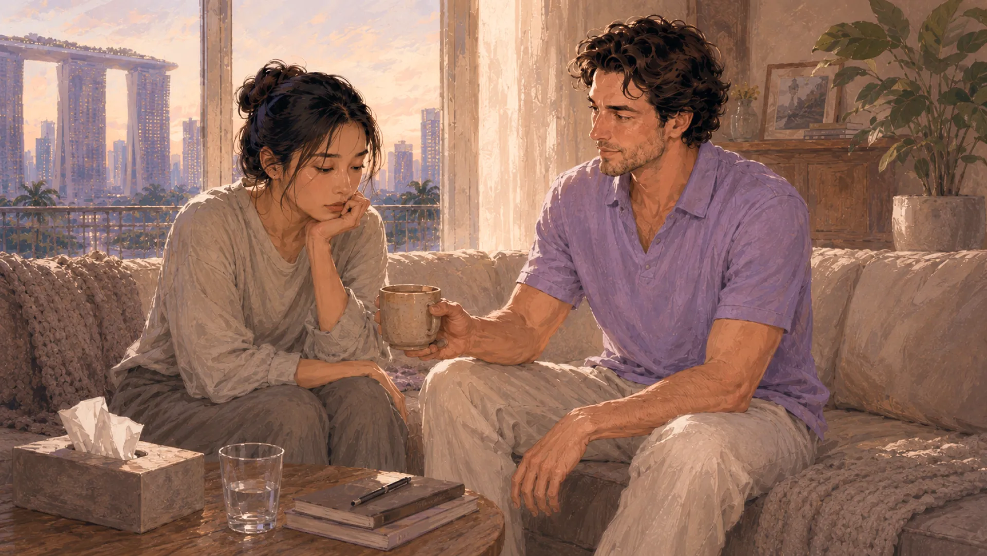The Vein on a sofa offering a mug of tea to a friend who is looking down
