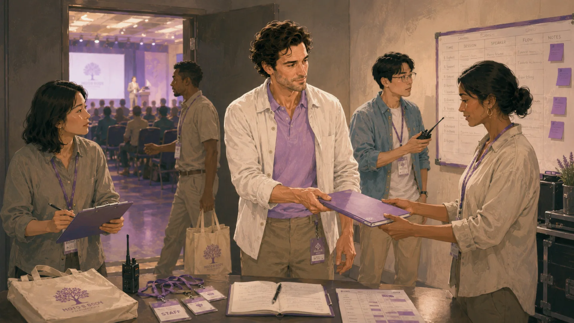 The Vein handing a folder to a colleague in a corridor behind an event hall while others check lists