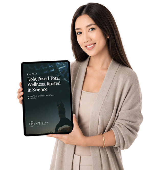 A Bio-Plan member holding her tablet, showing her weekly plan and daily check-ins.