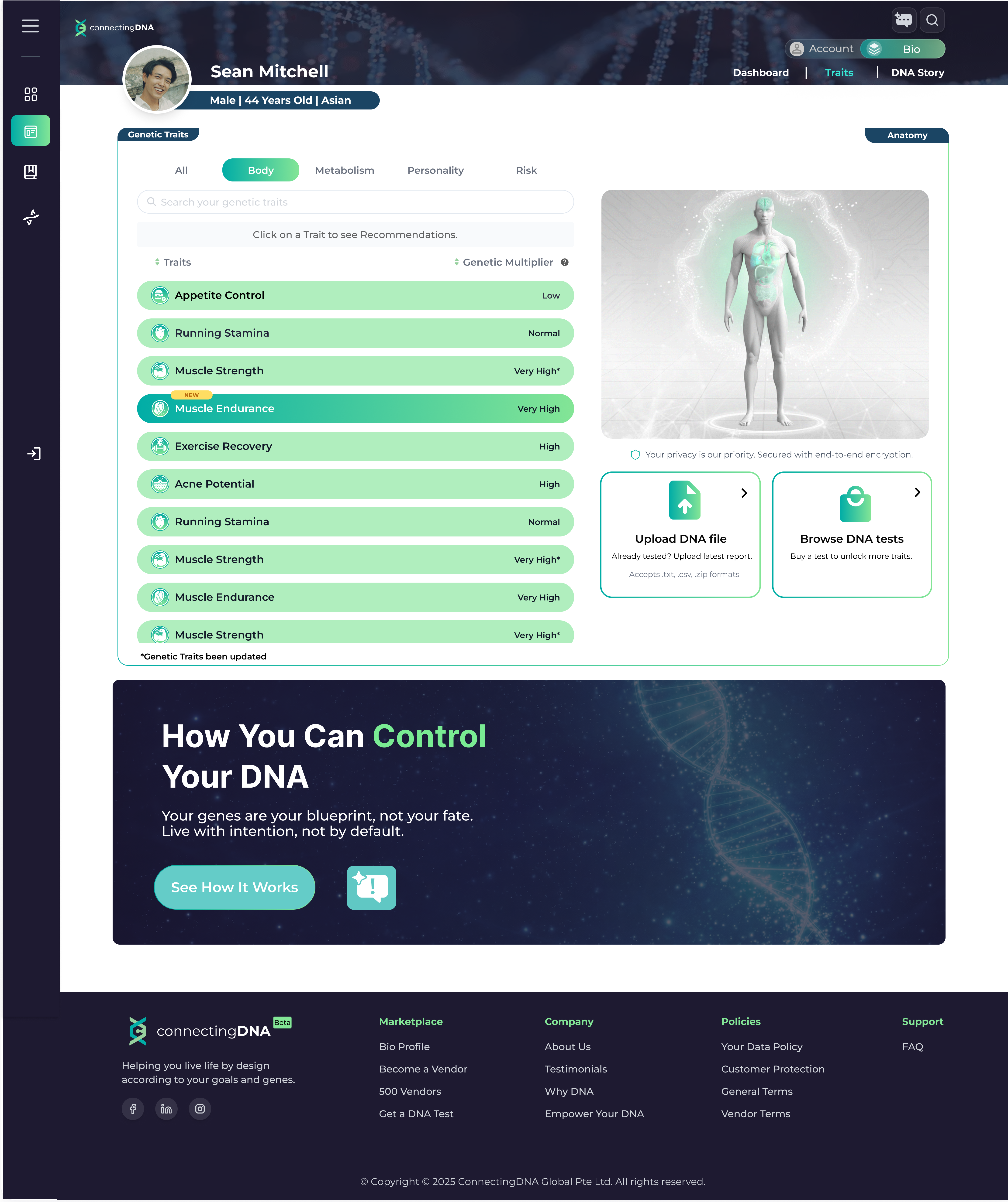 Bio-Profile traits view — Sean Mitchell's genetic traits in the Body category