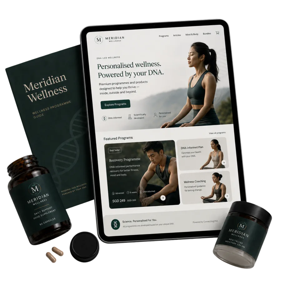DNA-Wellness brand experience shown across a tablet and product range