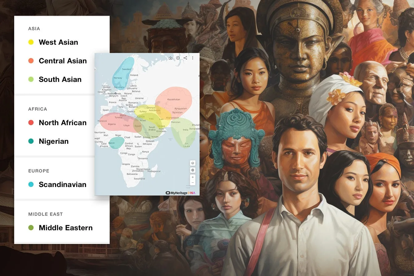 A crowd of faces from many different cultures behind an ancestry breakdown by region