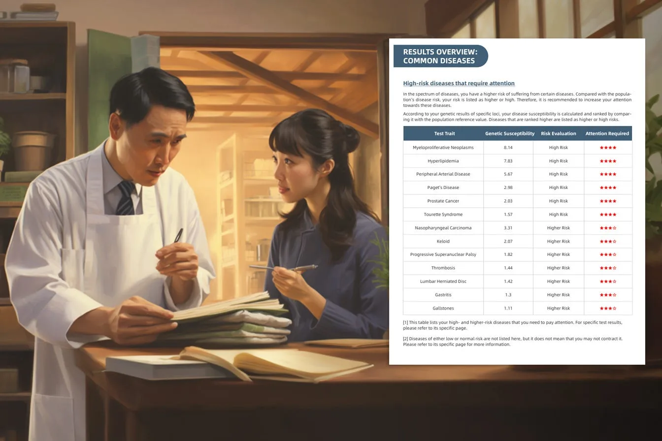 A doctor going through a folder with a patient, beside an overview of common disease risks