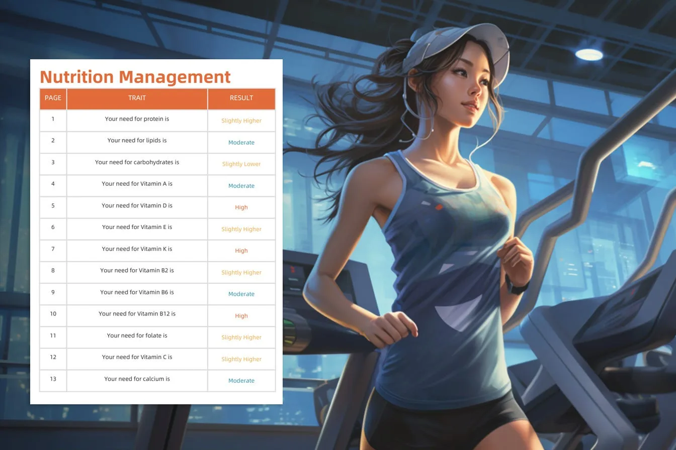 A woman running on a treadmill beside a page of genetic nutrition results