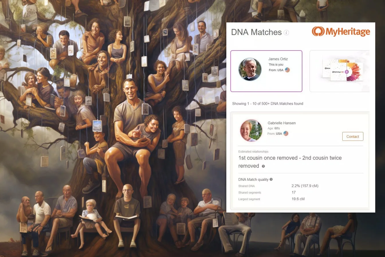 A large extended family gathered together, beside a screen of DNA relative matches