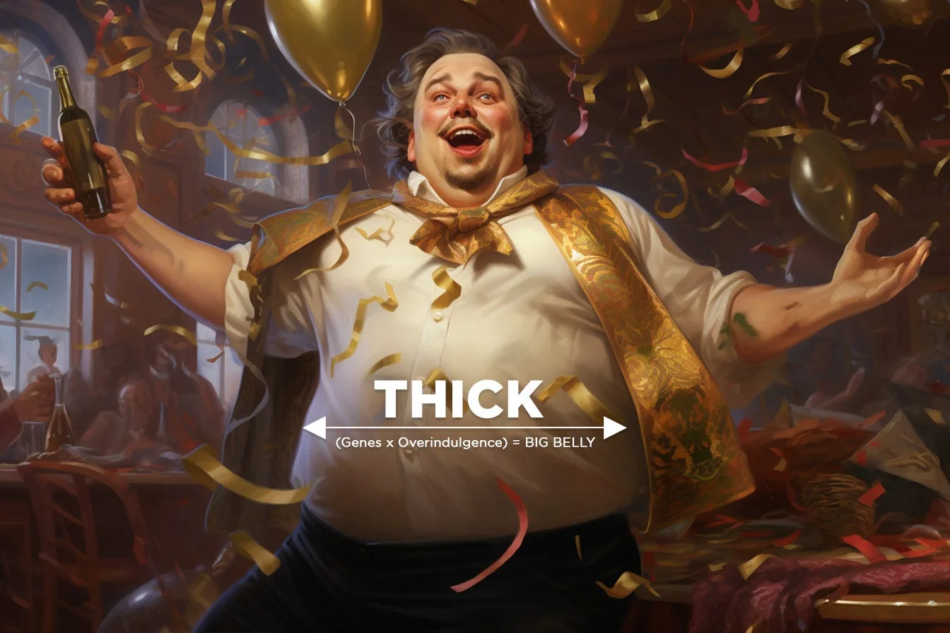 A delighted man at a party holding a bottle, with the word THICK measured across his belly