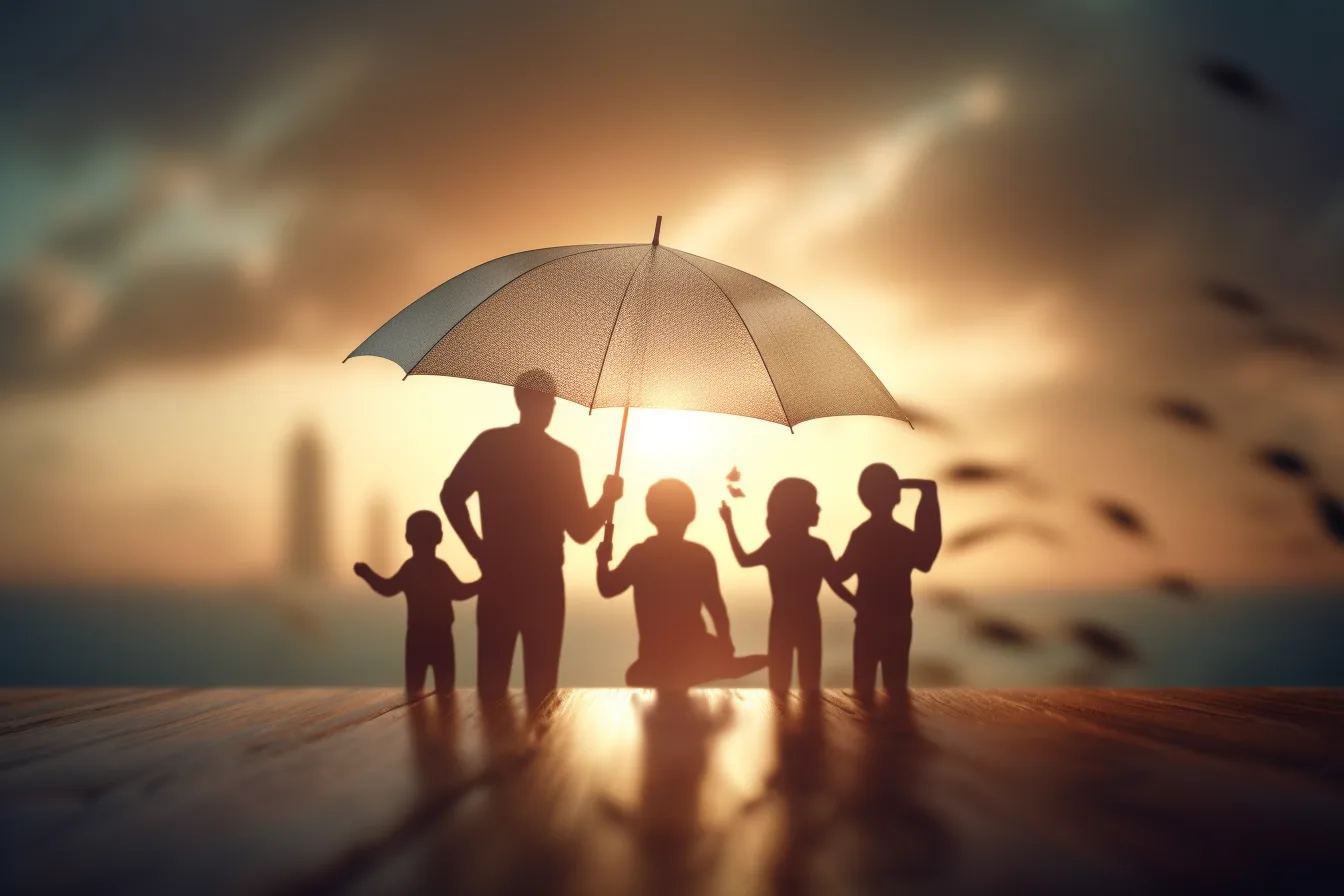 A silhouetted family standing under an umbrella at sunset