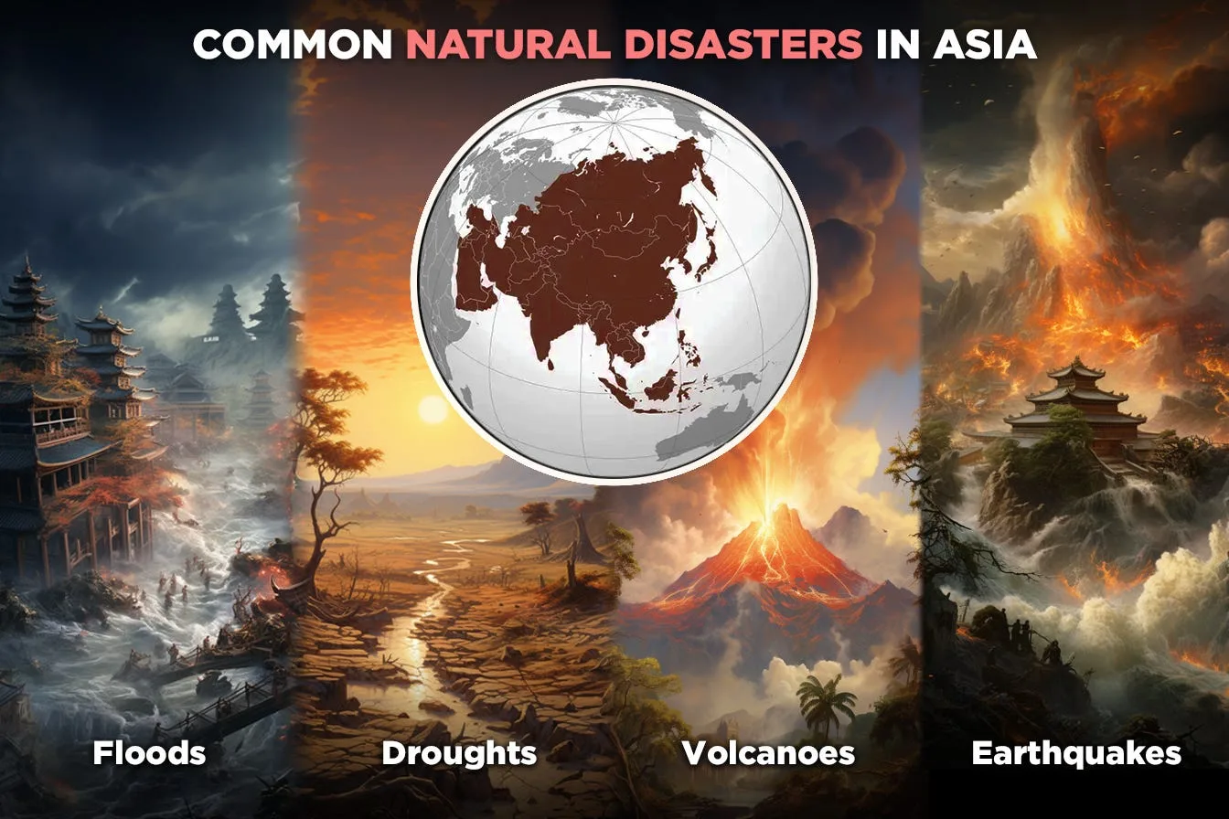 Four panels of flood, drought, volcano and earthquake around a map of Asia