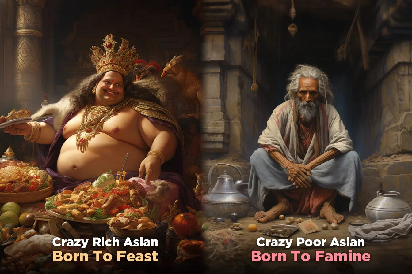 A richly dressed man at a laden banquet table on one side, a thin man beside an empty pot on the other