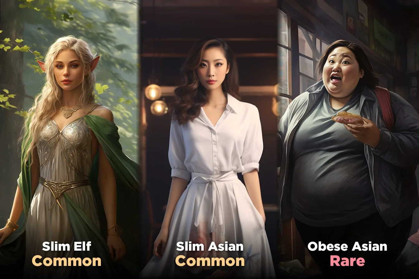 Three figures side by side labelled slim elf, slim Asian and obese Asian, the last marked rare