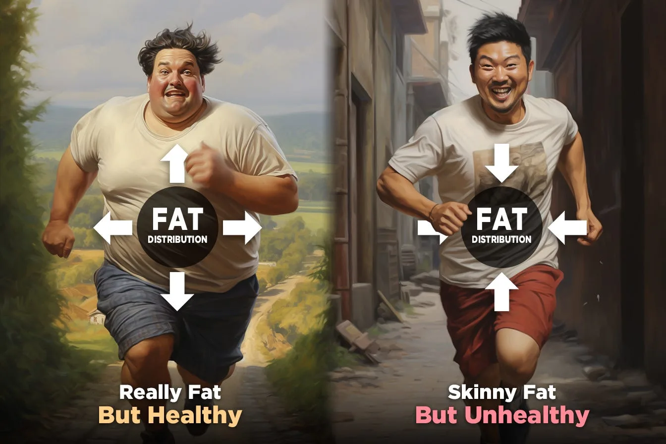 A heavier man running labelled really fat but healthy, beside a slim man running labelled skinny fat but unhealthy