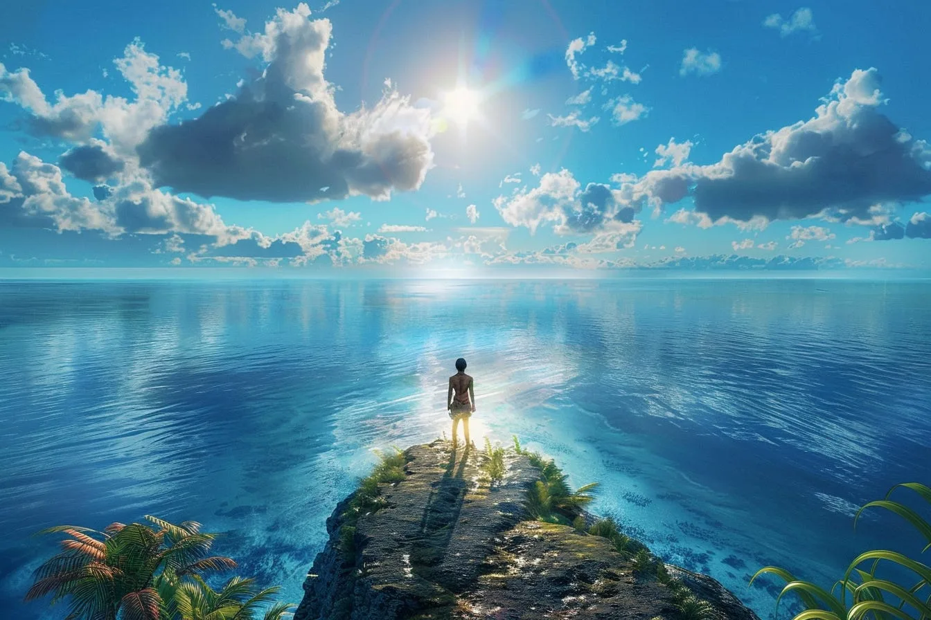 A lone figure standing on a narrow spit of land surrounded by open sea