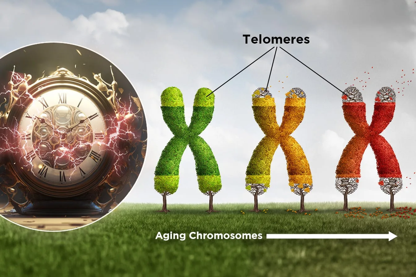 Four chromosomes drawn as topiary trees losing their leaves along a row, beside a clock face