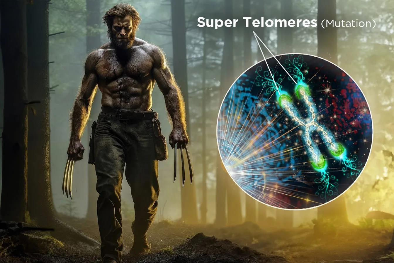 Wolverine walking through a forest beside a glowing chromosome whose tips are labelled Super Telomeres