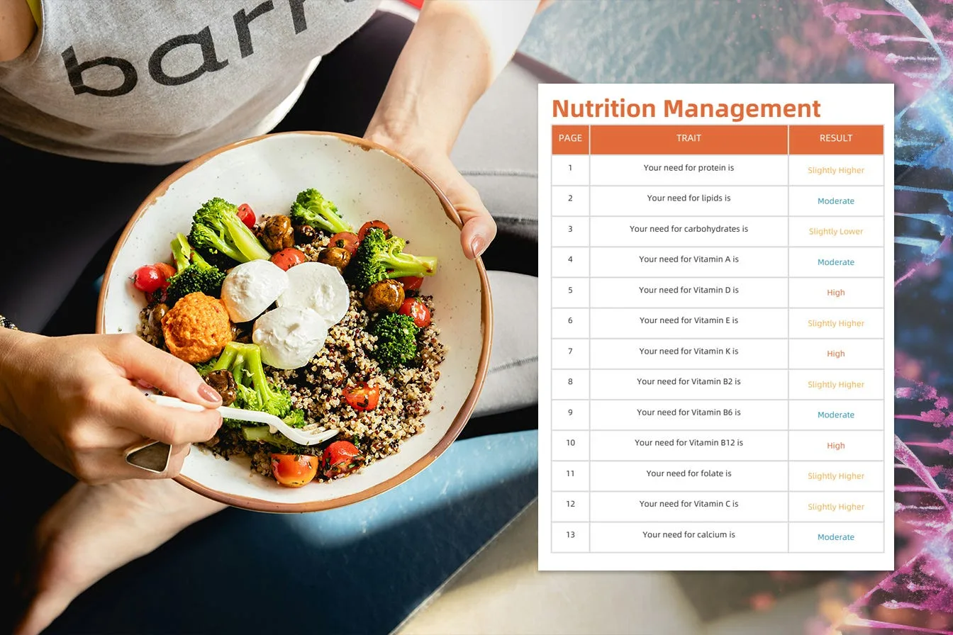 Hands holding a bowl of vegetables and grains beside a page of genetic nutrition results