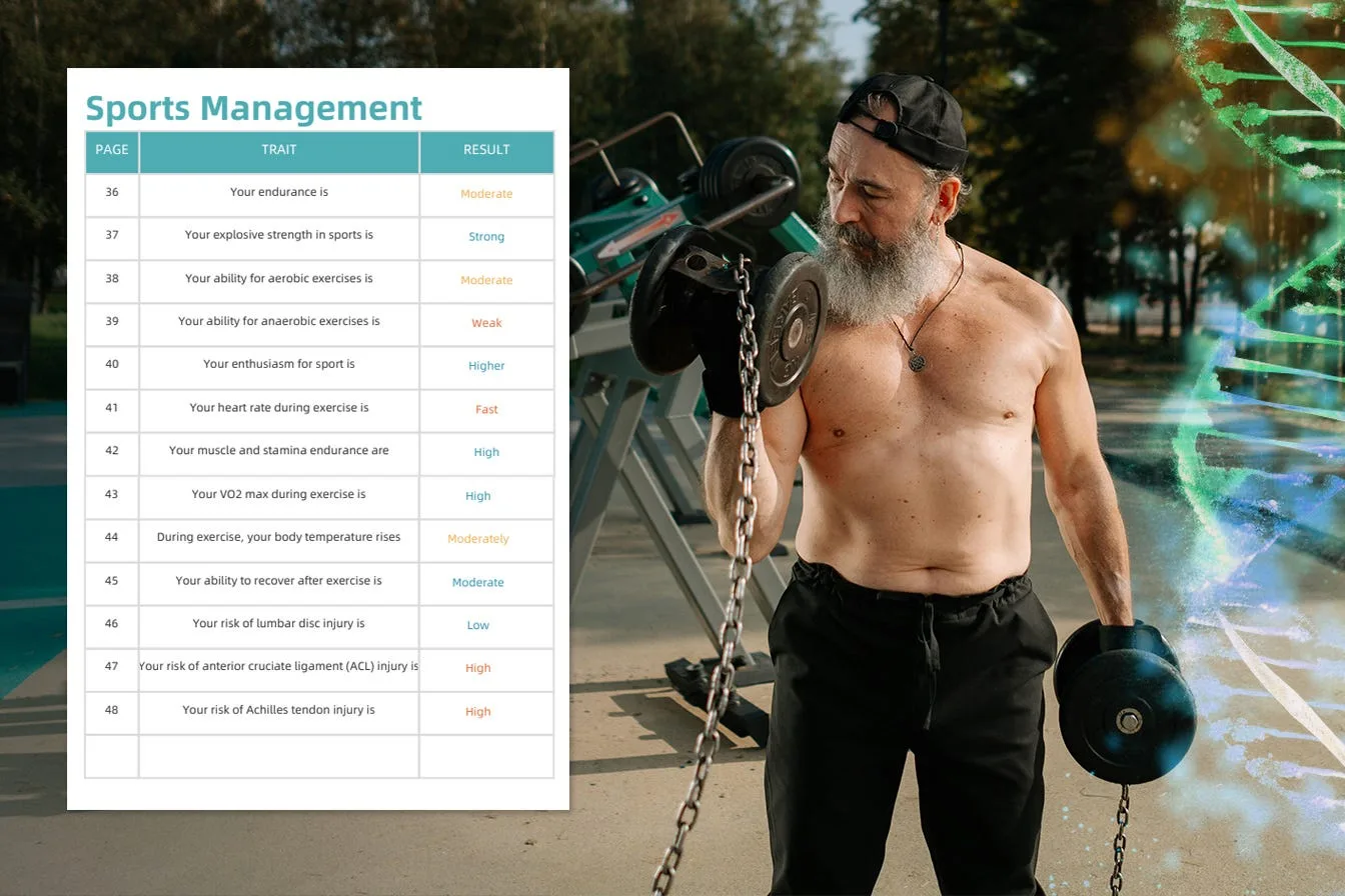 An older man carrying kettlebells in a gym beside a page of genetic sports results