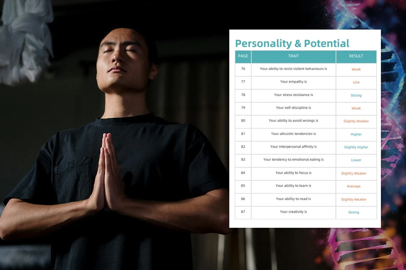 A man standing with his palms together in a moment of calm, beside a page of genetic personality results