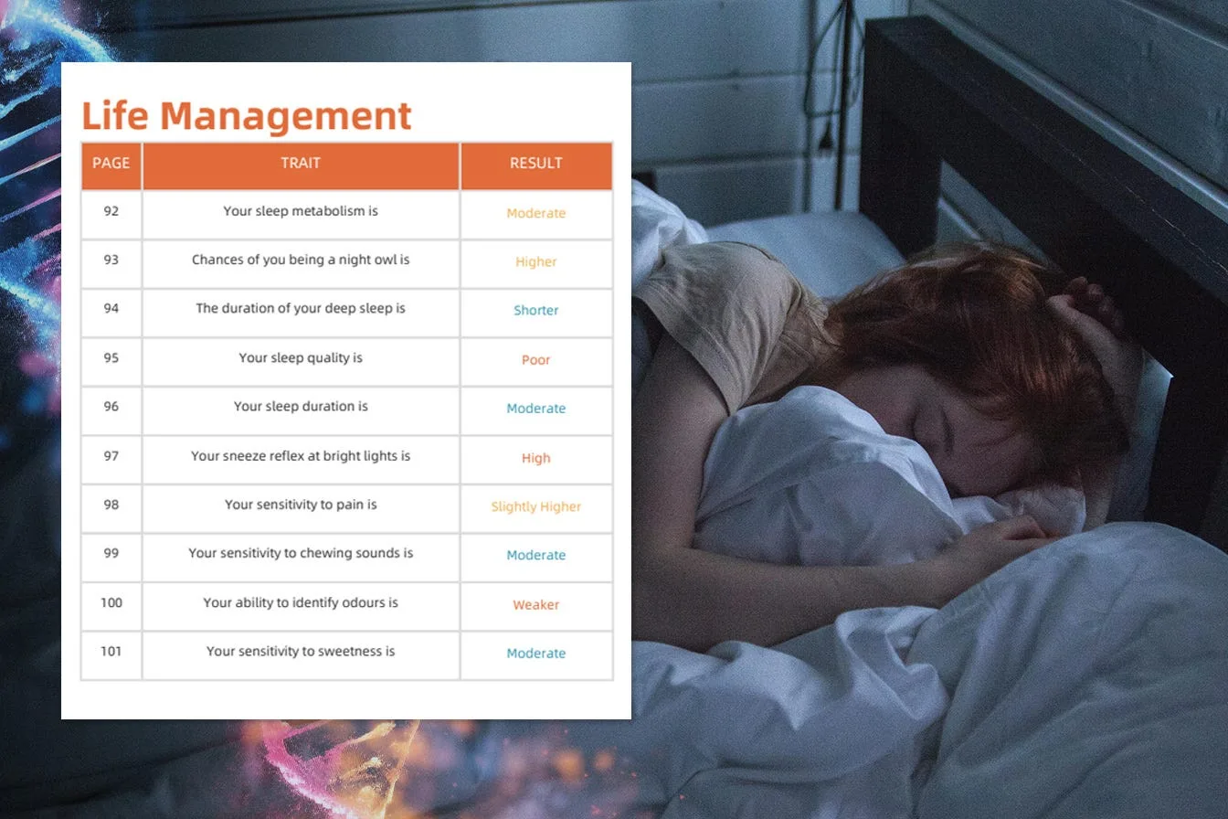 A woman asleep in a dark bedroom beside a page of genetic sleep results