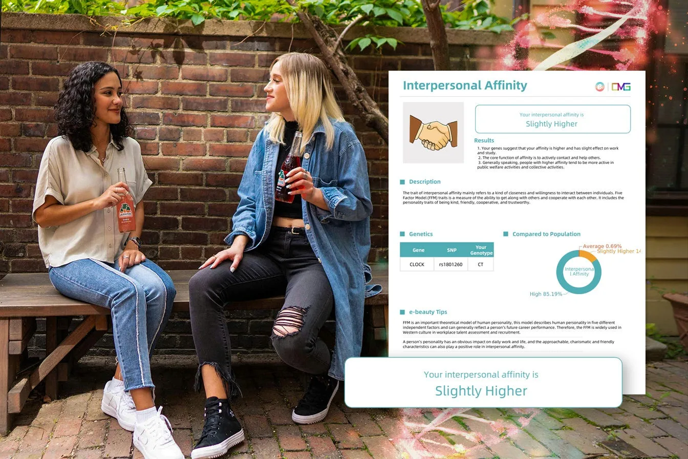 Two friends talking on a bench in a garden, beside a genetic report page on interpersonal affinity