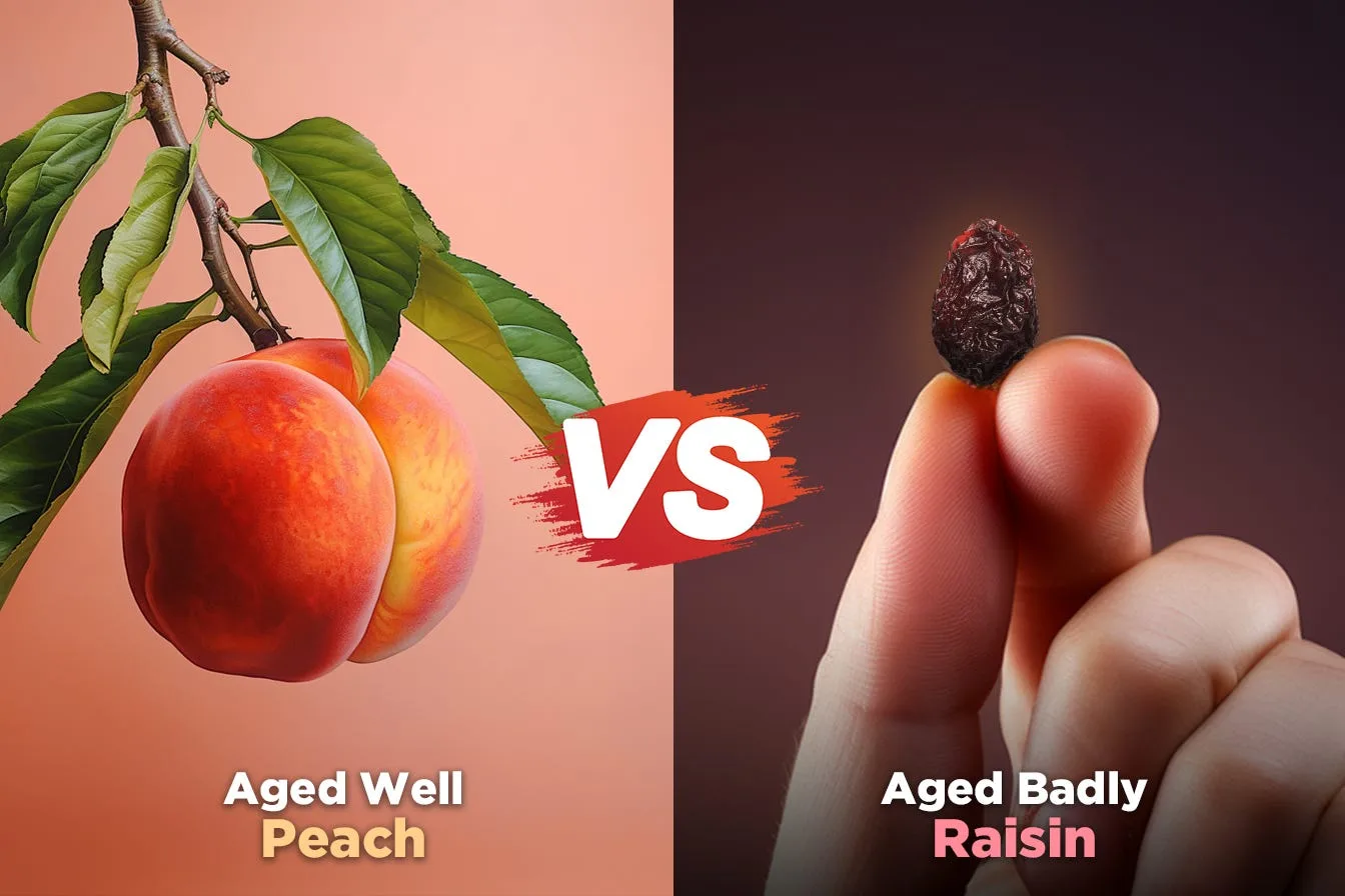 A ripe peach on the branch on one side, a shrivelled raisin held between two fingers on the other