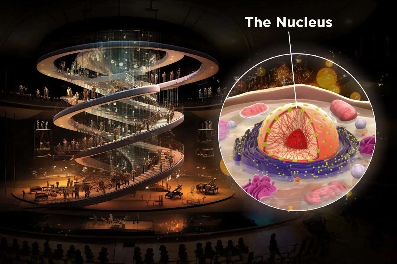 A spiral concert hall with a cell nucleus drawn in a circle beside it