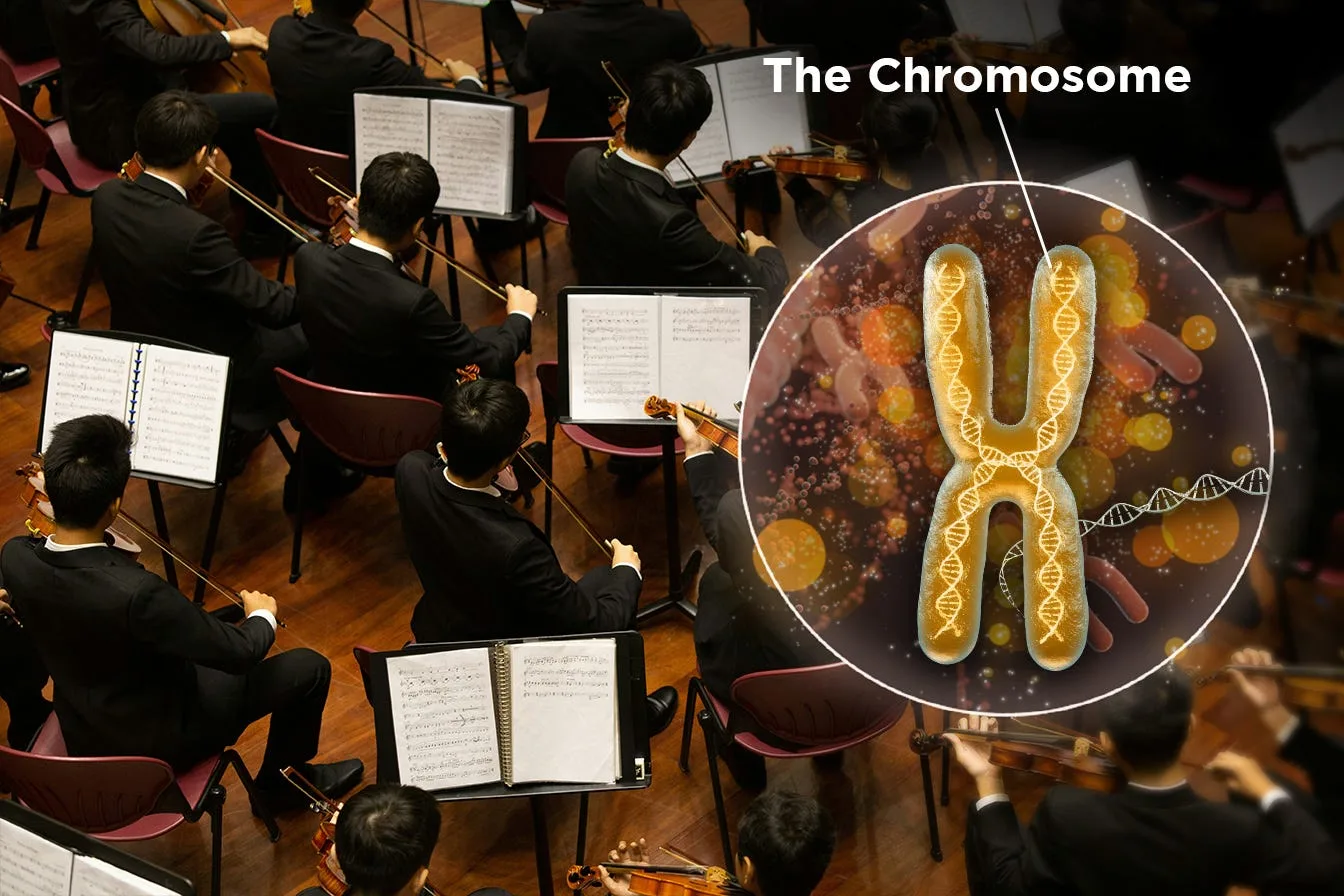 An orchestra seen from behind, with a chromosome drawn in a circle beside it