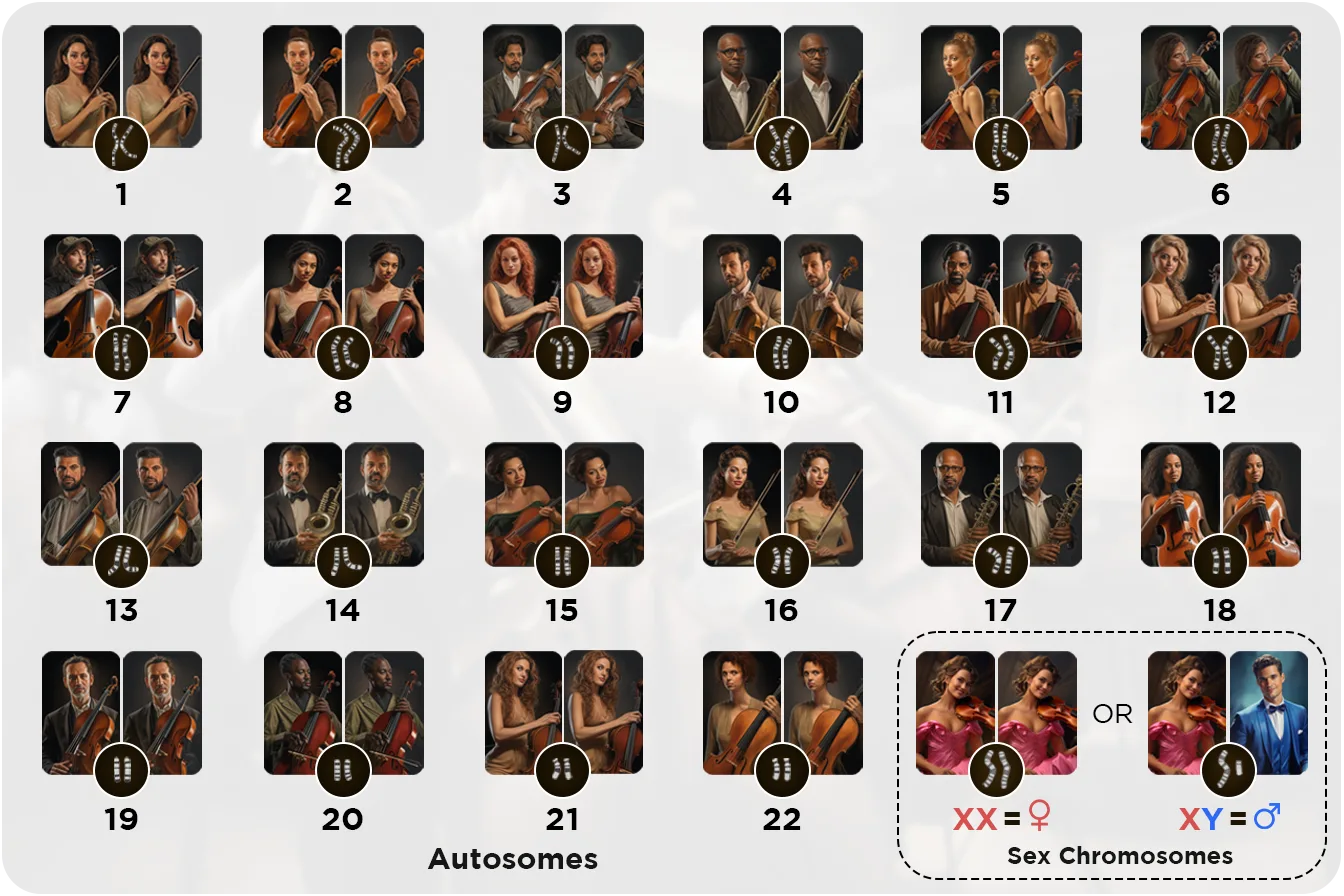 The 23 chromosome pairs drawn as 23 pairs of orchestra players, with the sex chromosomes boxed at the end